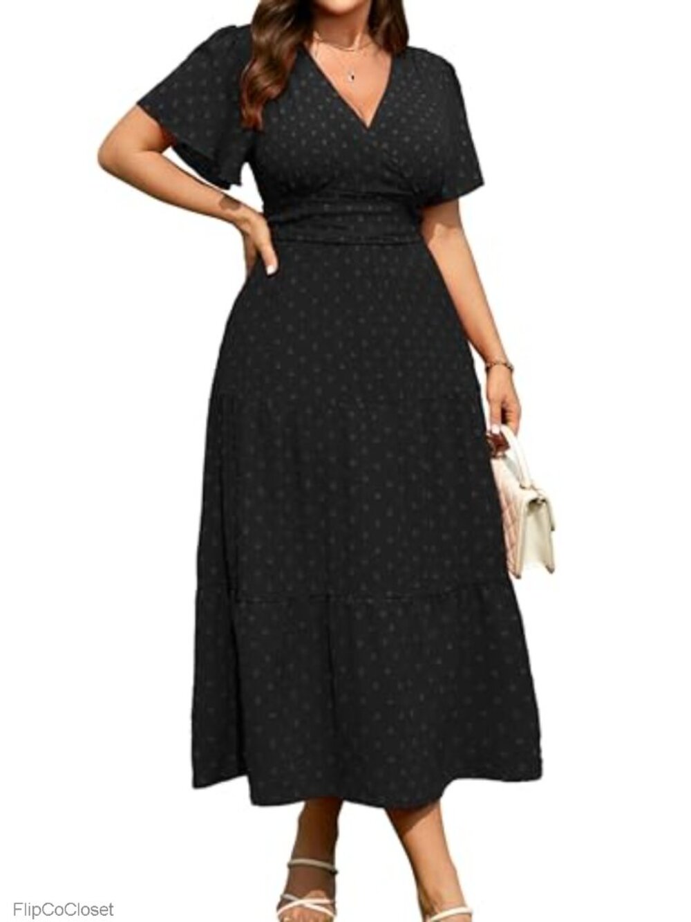 Plus Size Wrap V-Neck A-Line Maxi Dress Swiss Dot Tiered Ruffle Sleeve Summer